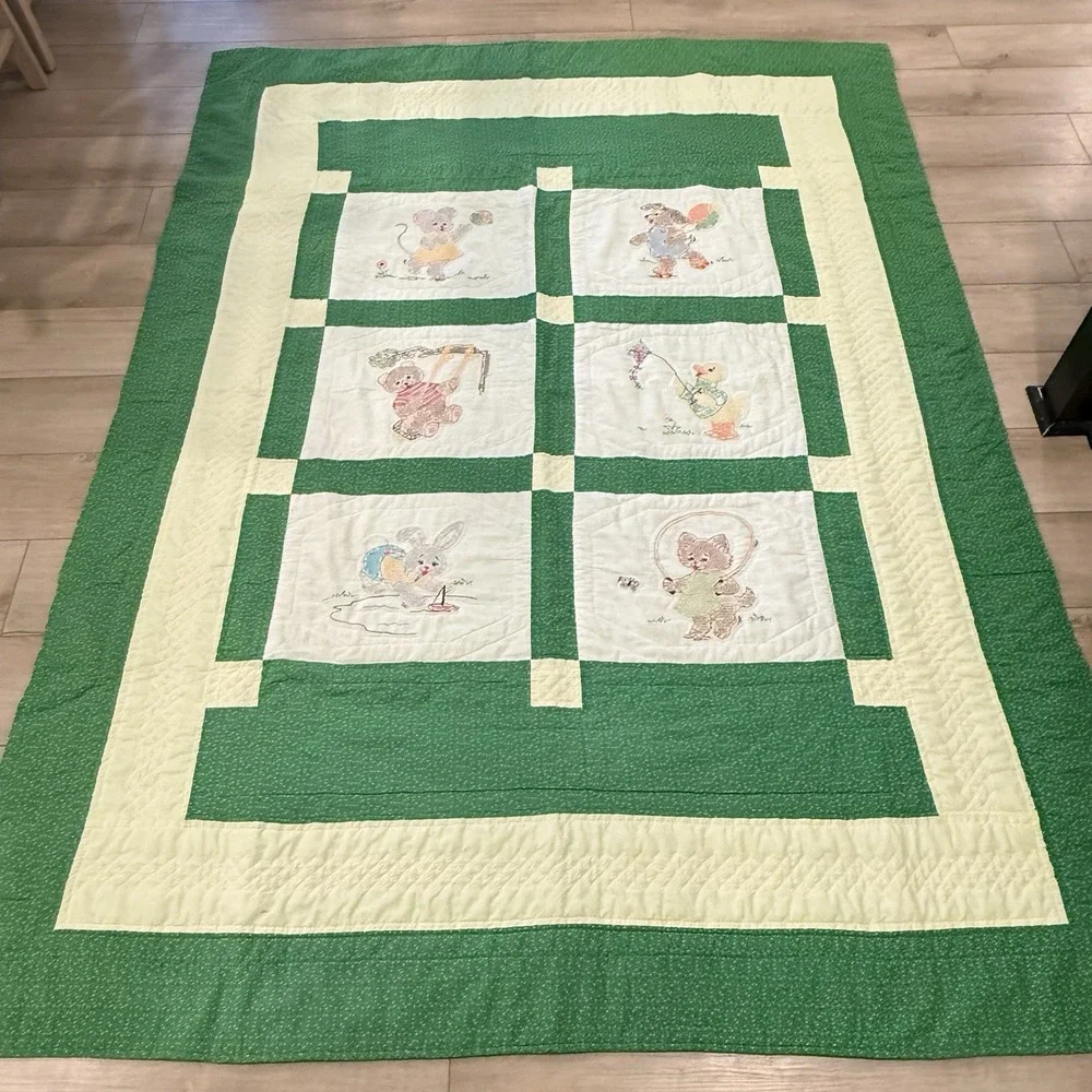 Handmade Vintage Embroidered Animal Quilt Twin Nursery Bunny Duck Green 50x64